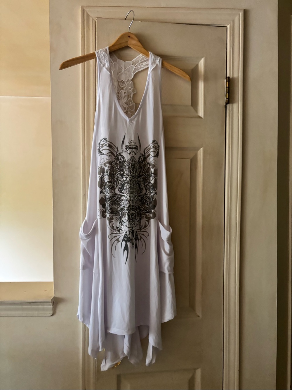 White Lace Back Tank Dress with Black Graphic Print
